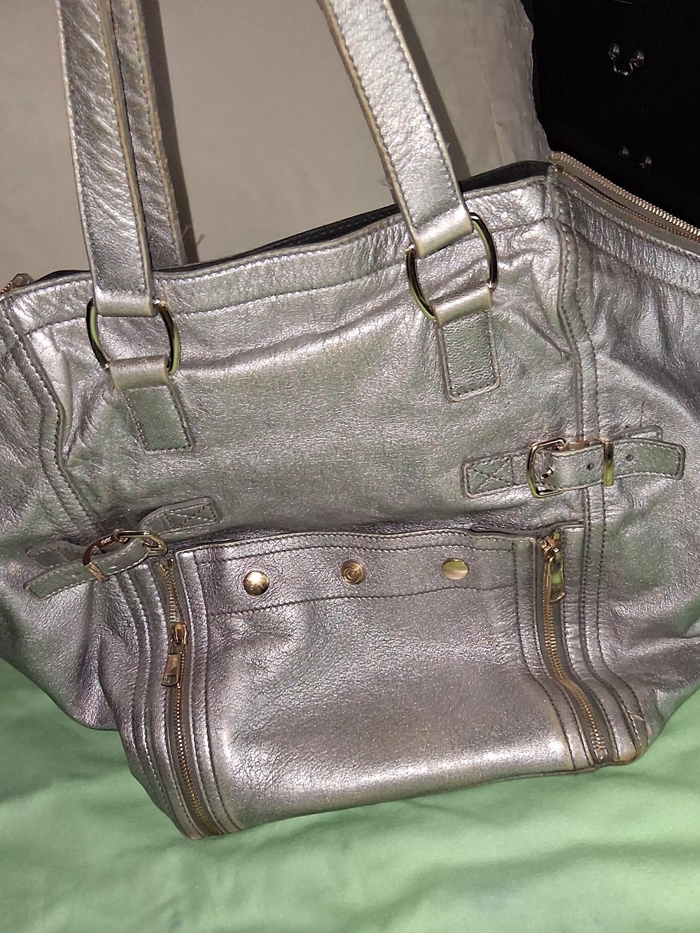 Yves Saint Laurent Metallic Silver Leather Tote with Front Zip Pocket